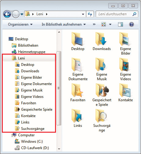 Benutzerordner: Der Ordner nimmt aufgeklappt viel Platz im Windows-Explorer ein. Er lässt sich bei Bedarf ausblenden