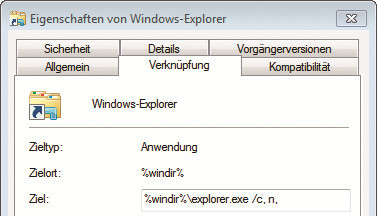 Explorer mit Computeransicht starten: Windows startet den Explorer in der Computeransicht, wenn Sie den Zieleintrag um das Kürzel /c, n, ergänzen