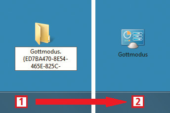 Gottmodus auf dem Desktop: Der neue Ordner (links) wird automatisch zu einer Gottmodus-Verknüpfung auf dem Desktop (rechts)