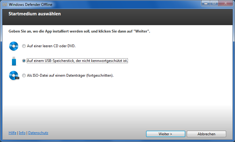 Windows Defender Offline erstellt ein Live-System auf CD/DVD oder USB-Stick, das PCs bootet und nach Schädlingen durchsucht.