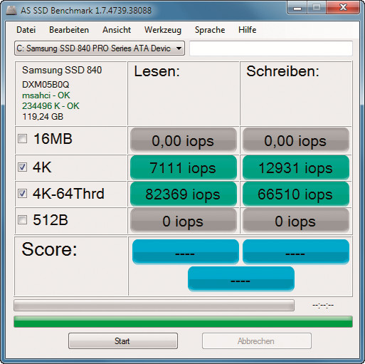 IOPS-Werte: Mit AS SSD Benchmark lassen sich die IOPS-Werte einer eingebauten SSD testen – hier einer Samsung-SSD 840 Pro