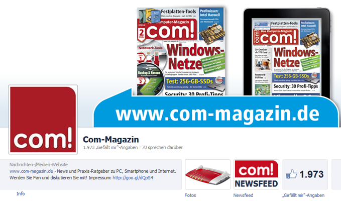 Auch das com!-Magazin ist bei Facebook mit aktuellen News und Praxis-Ratgeber zu PC, Smartphone und Internet.