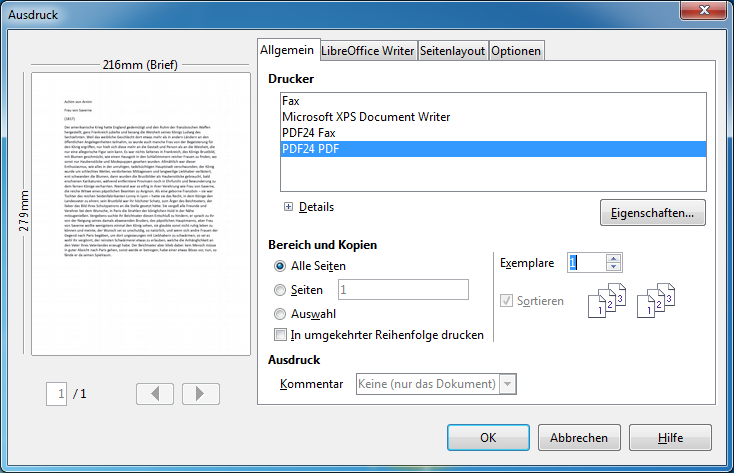 Nach der Installation erscheint PDF24 Creator auch im Kontextmenü der Druckoptionen.