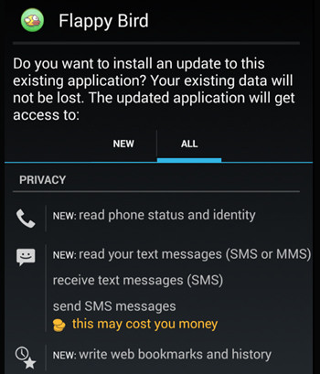 „send SMS messages“: Viele betrügerische Kopien von Flappy Bird möchten Kurzmitteilungen versenden – wie in diesem Beispiel auf einem englischsprachigen Android-Gerät.