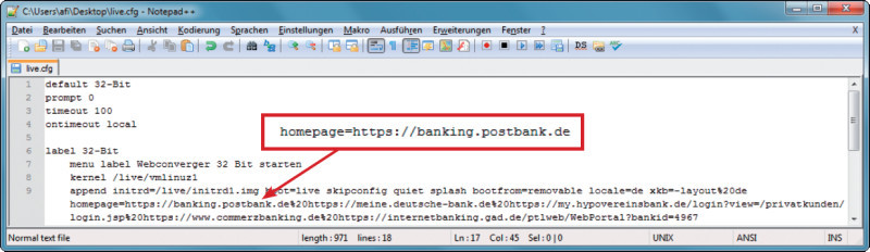 Eigene Startseite(n): Öffnen Sie die Datei „live.cfg“ auf dem USB-Stick und ändern Sie die URLs hinter „homepage=“. Tragen Sie alle Seiten ein, mit denen Ihr Banking-Stick künftig automatisch starten soll.