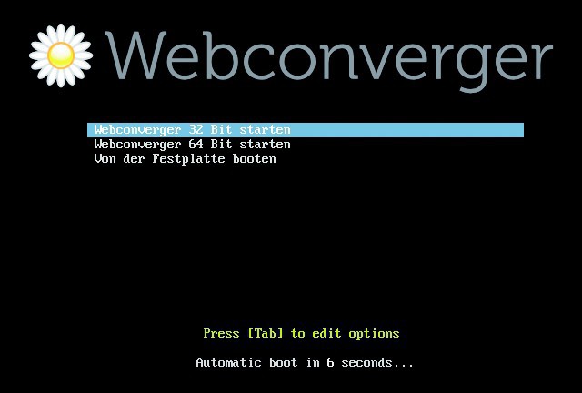 Webconverger starten: In diesem Boot-Menü wählen Sie die 32- oder die 64-Bit-Version von Webconverger aus.