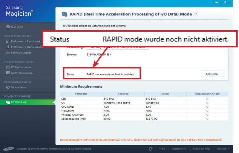 Rapid-Mode: Hier sehen Sie, ob Ihr Software-Cache bereits läuft. Wenn nicht, dann schalten Sie ihn mit „Aktivieren“ ein.
