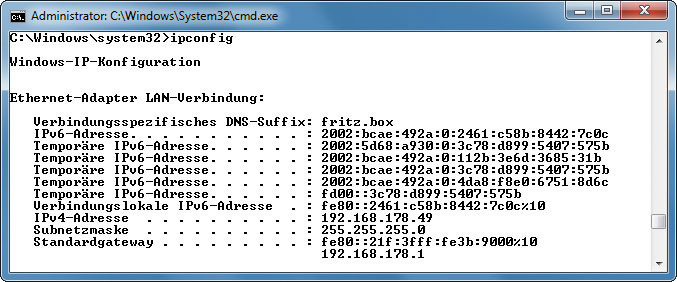 IPv6-Adressen: Der Befehl ipconfig zeigt alle auf Ihrem PC verfügbaren IPv6-Adressen an (Bild 1).