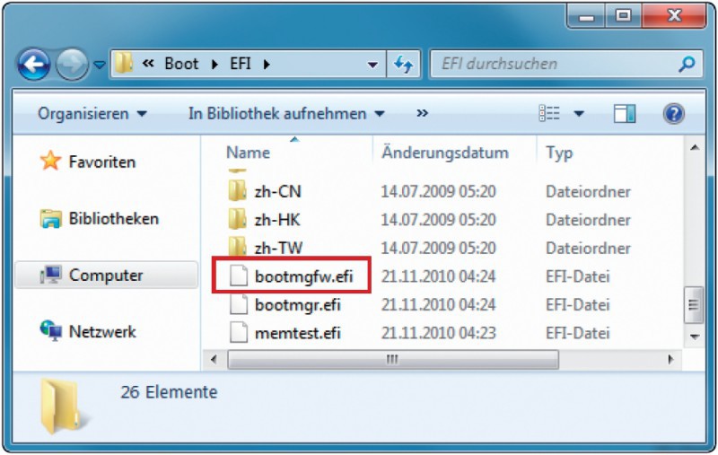 UEFI-Bootloader für den Setup-Stick: Den fehlenden Bootloader finden Sie auf der Festplatte im Verzeichnis „Windows\Boot\EFI“