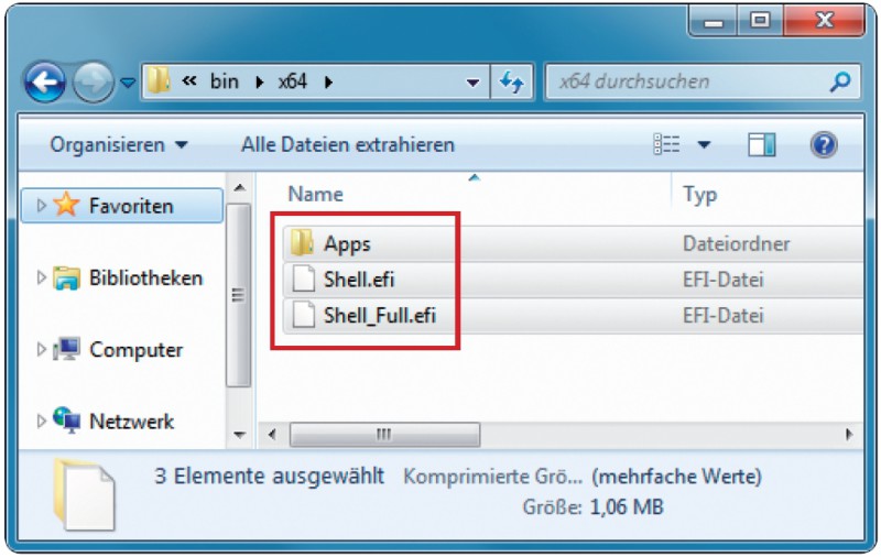 UEFI-Bootloader: Kopieren Sie die beiden EFI-Dateien und den Ordner „Apps“ in das Hauptverzeichnis des USB-Sticks.