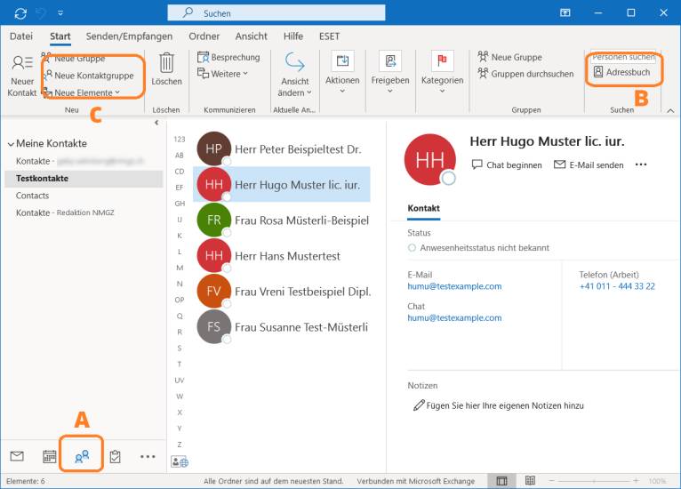 Outlook-Screenshot mit drei eingerahmten Bedienelementen