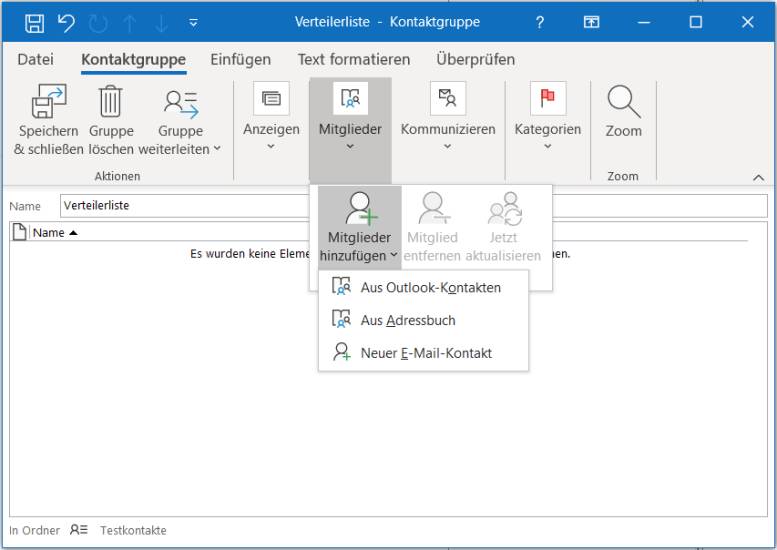 Outlook-Screenshot mit Menübefehl Mitglieder