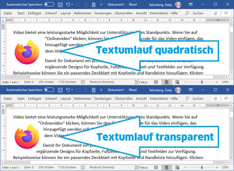 Textumfluss ums Firefox-Log in Word: mal eckig, mal rund