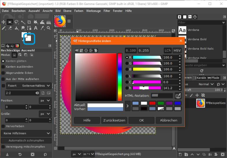 Screenshot aus GIMP mit geöffnetem Farbwähler für den Hintergrund