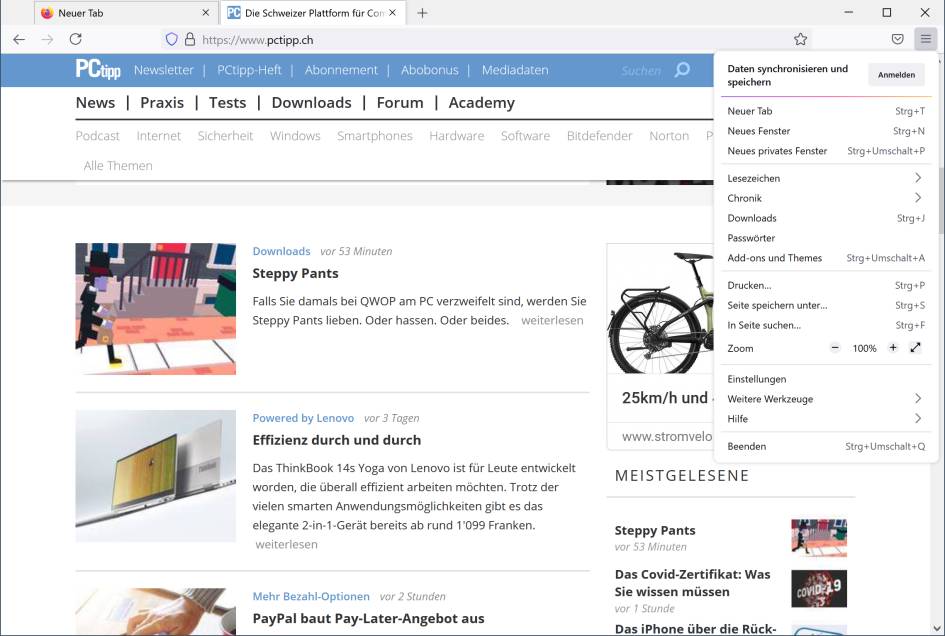 Screenshot mit kompakterem Firefox-Menü
