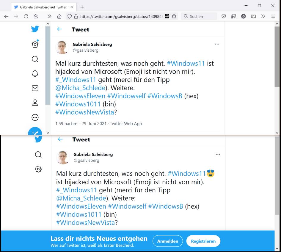 Screenshots eines Tweets im ein- und ausgeloggten Browser