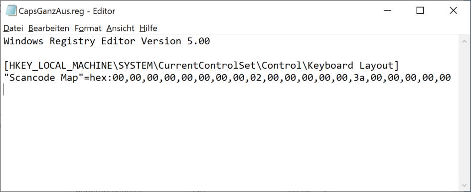 Screenshot Registry-Code im Notepad-Editor