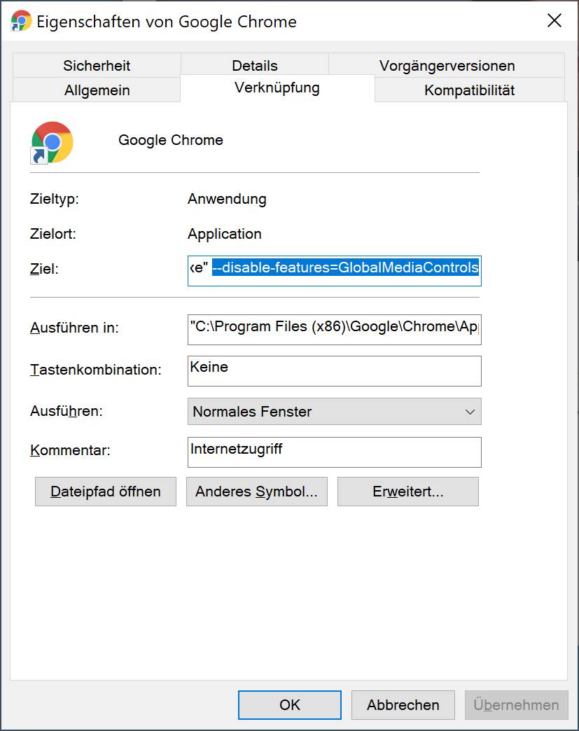 Screenshot Eigenschaften der Chrome-Verknüpfung