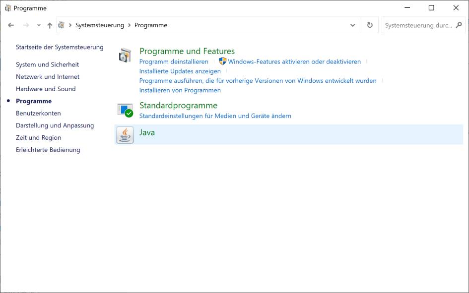 Screenshot Java Control Panel in der Systemsteuerung