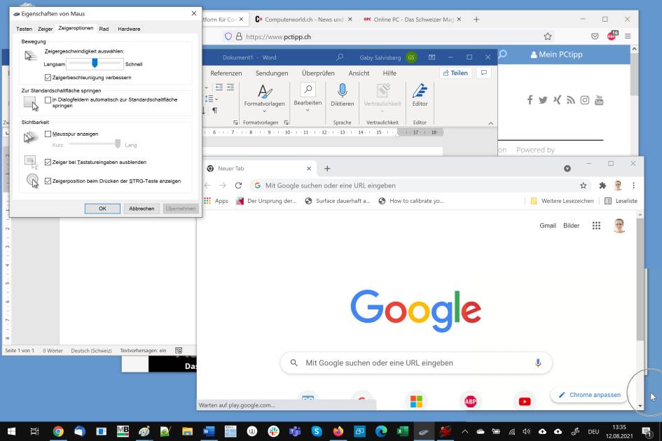 Screenshot Windows-Desktop mit unten rechts markiertem Mauszeiger
