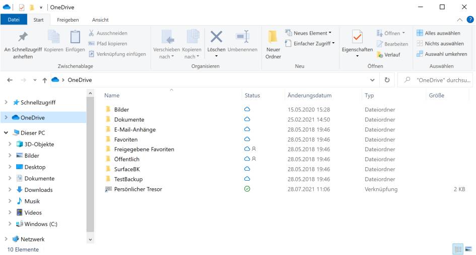 Screenshot Explorer-Fenster mit noch nicht lokal gespeicherten OneDrive-Daten