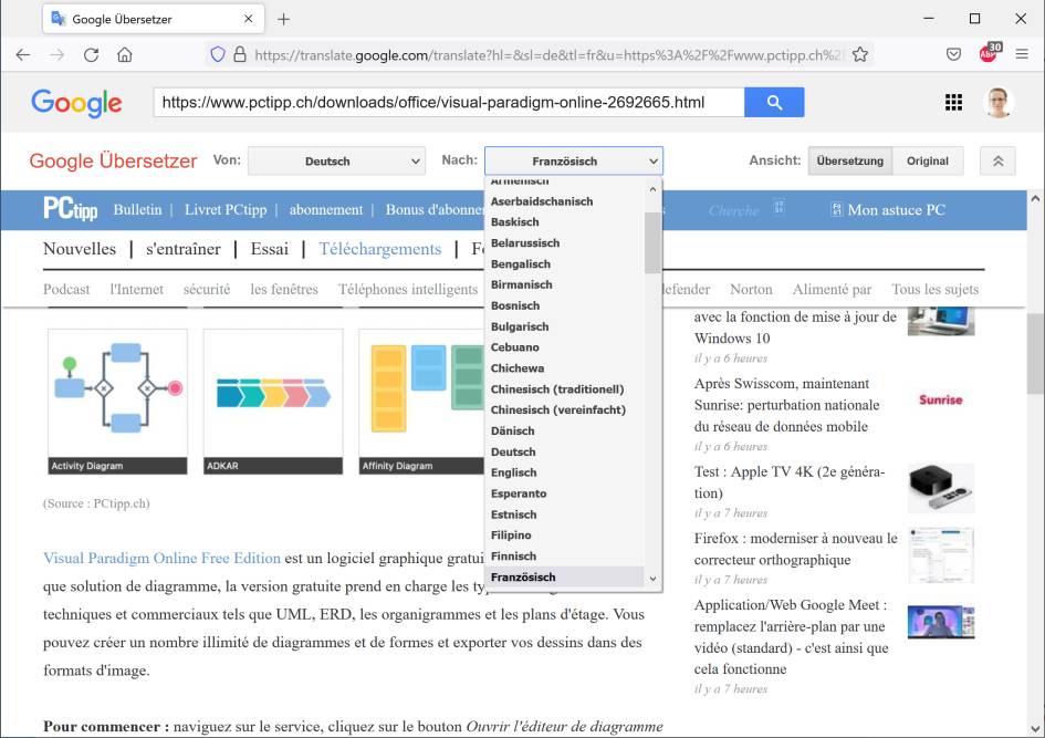 Screenshot Google Translate mit dem PCtipp auf Französisch