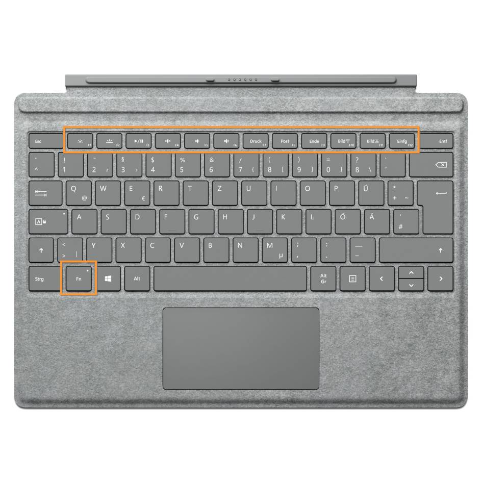 Foto einer Surface-Tastatur mit eingerahmten F- und Fn-Tasten
