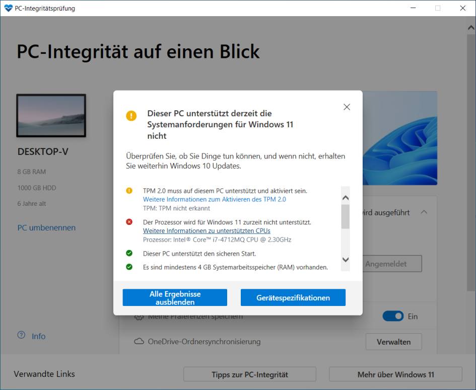 Screenshot Microsoft-Kompatibilitätscheck