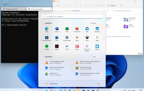 Screenshot Windows 11 mit Terminal, Starmenü, Explorer