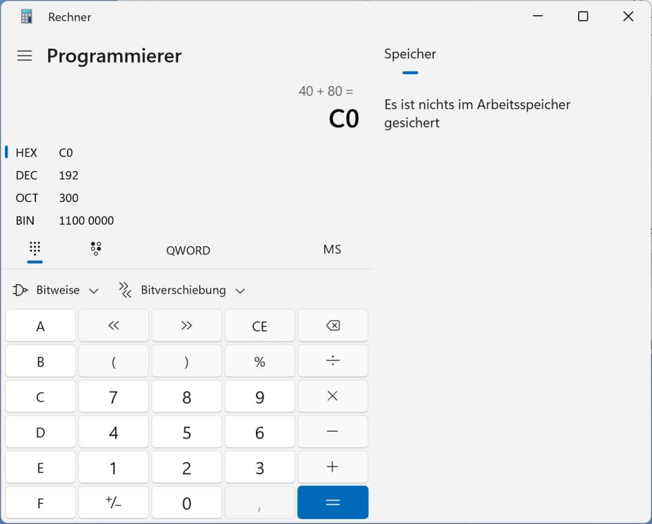 Screenshot Windows-Taschenrechner im Programmierer/Hex-Modus
