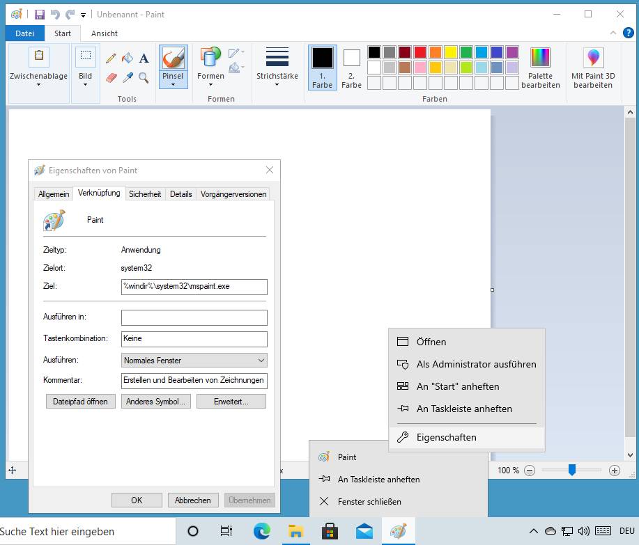Screenshot Paint-Eigenschaften in Windows 10