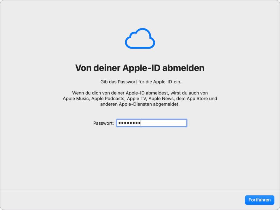Screenshot zeigt die Abmeldung bei der Apple-ID durch Eingabe des Kennwortes