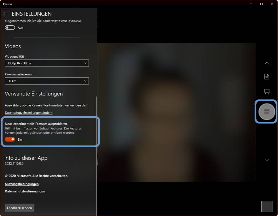 Screenshot Kamera-App mit Einstellungen und QR-Code-Symbol