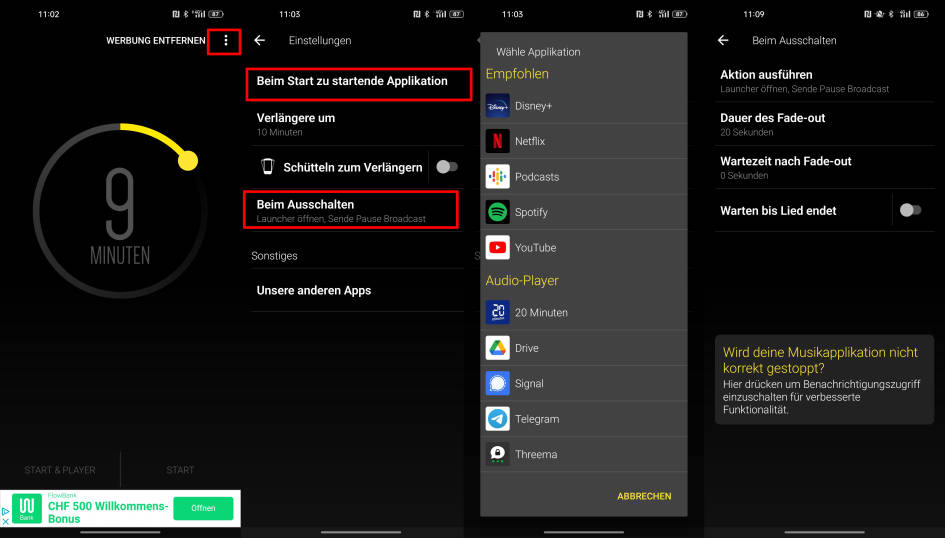 Screenshots der einzelnen Schritte in der Sleep-Timer-App