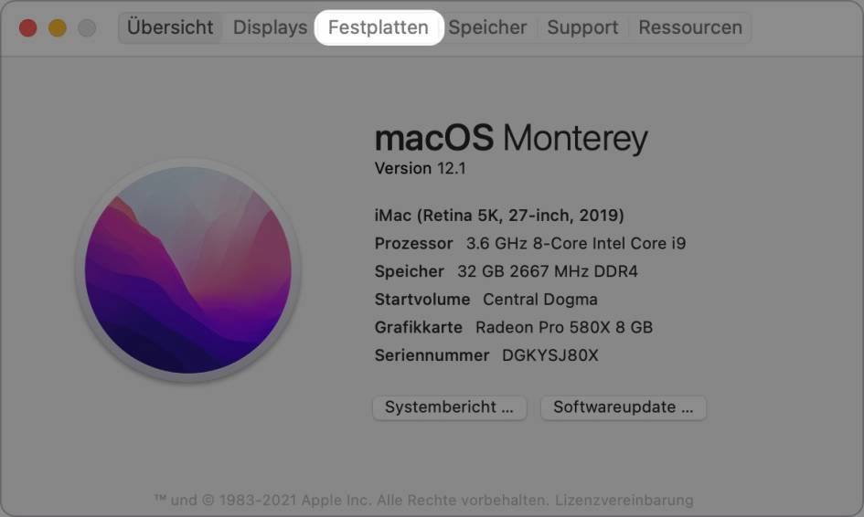Der Screenshot zeigt den Dialog «Über diesen Mac»; der Bereich «Festplatten» ist markiert