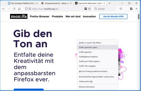 Firefox-Kontextmenü mit Befehl Hintergrundgrafik anzeigen