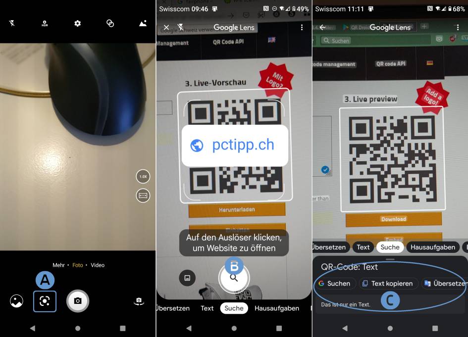 Drei Screenshots zeigen das Scannen eines QR-Codes auf einem Smartphone