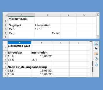 Vergleich zwischen Excel und Calc: Eingabe eines Kurzformats, und wie die Anwendungen es interpretieren