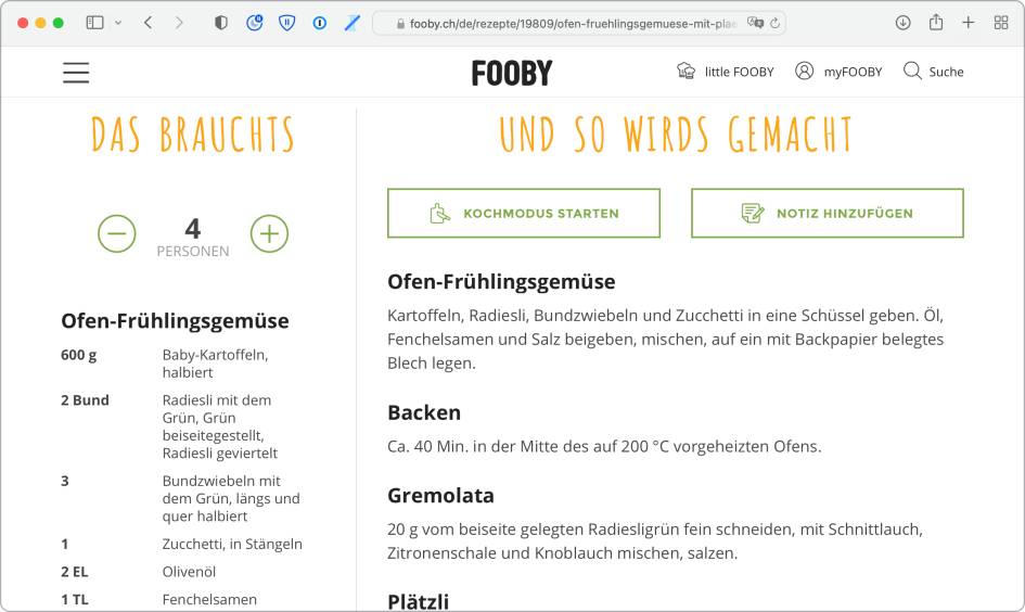 Der Screenshot zeigt eine Website mit einem Kochrezept