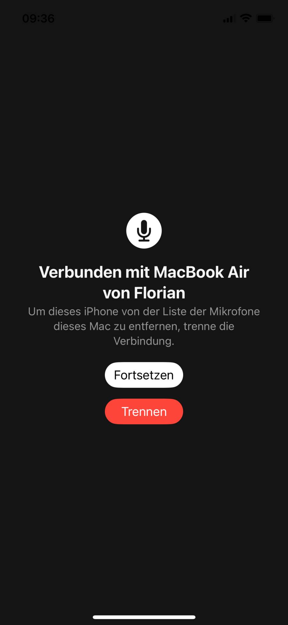 Screenshot zeigt: iPhone ist als Mikrofon mit dem Mac verbunden