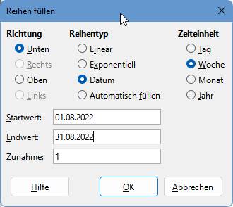 Die Dialogbox "Reihe füllen" in LibreOffice Calc