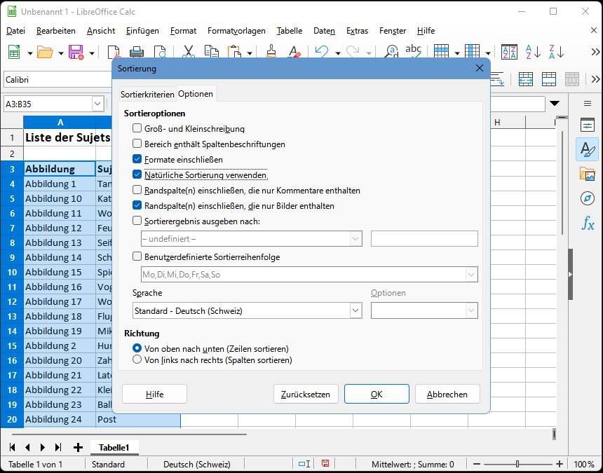 Die Sortieroptionen in LibreOffice Calc