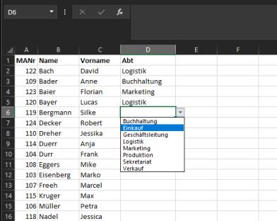Mitarbeiter-Liste in Excel, mit Dropdown-Menü in der Spalte Abteilung