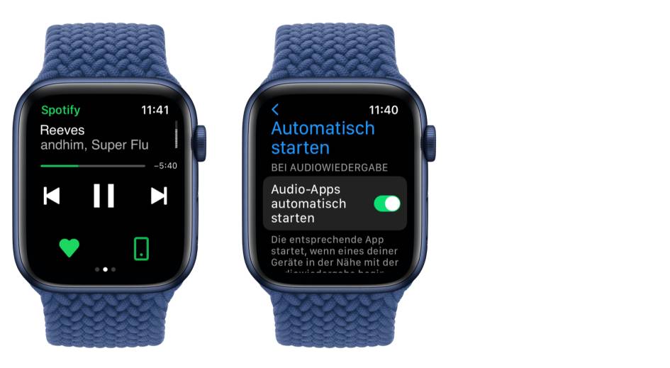 Zwei Apple Watches stehen nebeneinander; auf den Displays werden die Bedienelemente für die Musiksteuerung gezeigt