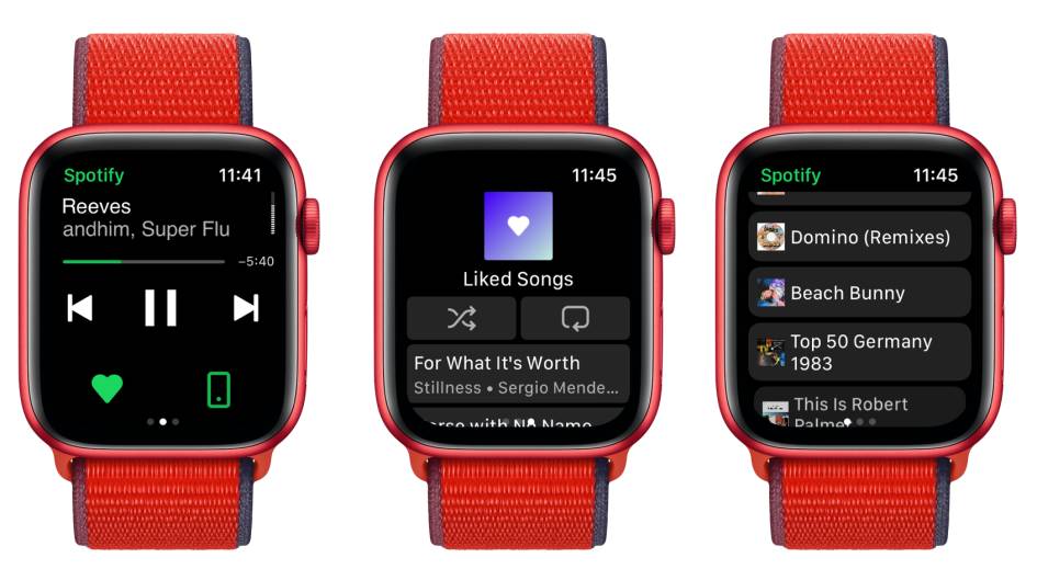Drei Apple Watches stehen nebeneinander; auf den Displays werden die verschiedenen Ansichten für die Musiksteuerung gezeigt, etwa um zwischen den Alben und Wiedergabelisten zu wechseln