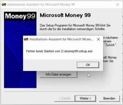 Fehlermeldung beim Installationsversuch von MS Money