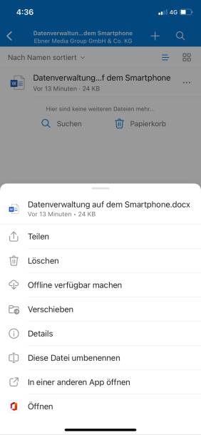 Verfügbare Dateifunktionen von Microsoft OneDrive auf dem Smartphone