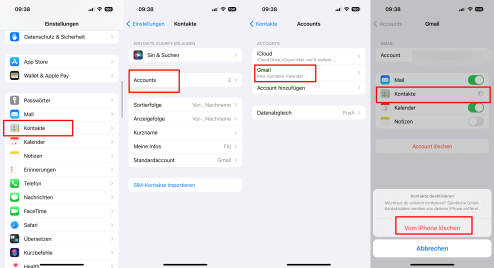 Vier iPhone-Screenshots nebeneinander zeigen den Weg zu den Kontakteinstellungen