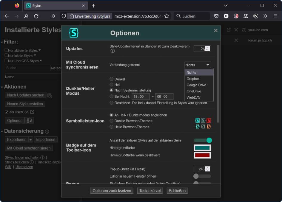 Screenshot Stylus-Verwaltungseinstellungen