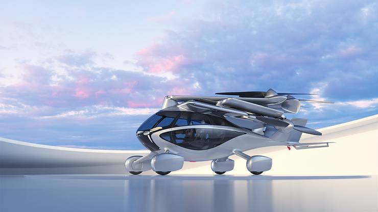Futuristisches vierrädriges Fahrzeug mit Flügeln